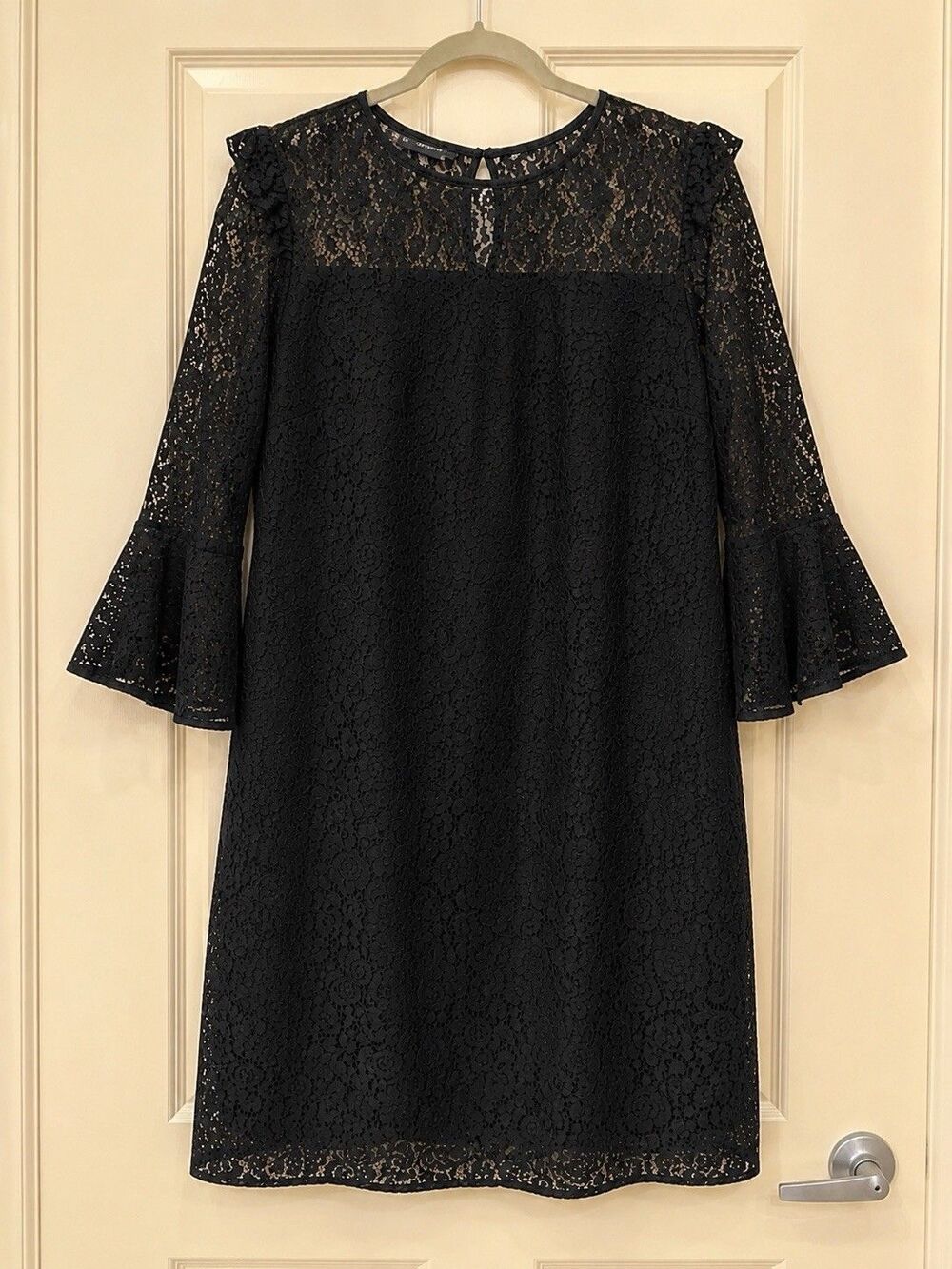 ANN TAYLOR Black Floral Lace Shift Dress Sz 12  Bell Sleeves Sheer Whimsygoth